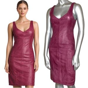 Vintage 80s TANNERY WEST Purple Sleeveless Leather Shift Pencil Dress 4 XS
